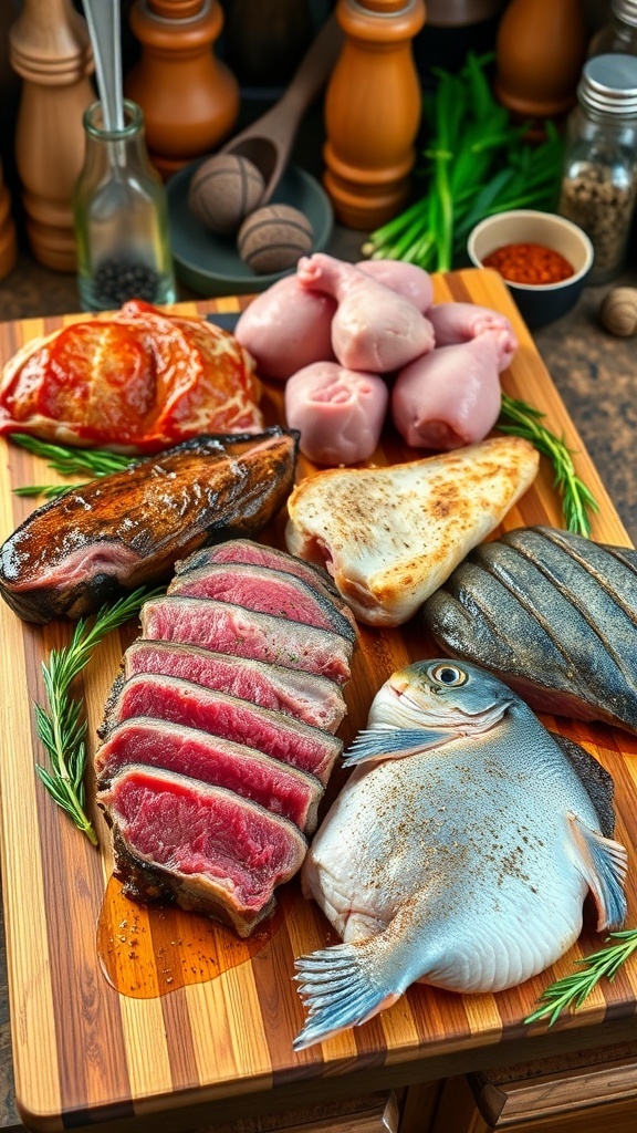 An assortment of meats including beef, chicken, and fish on a wooden board in a rustic kitchen.